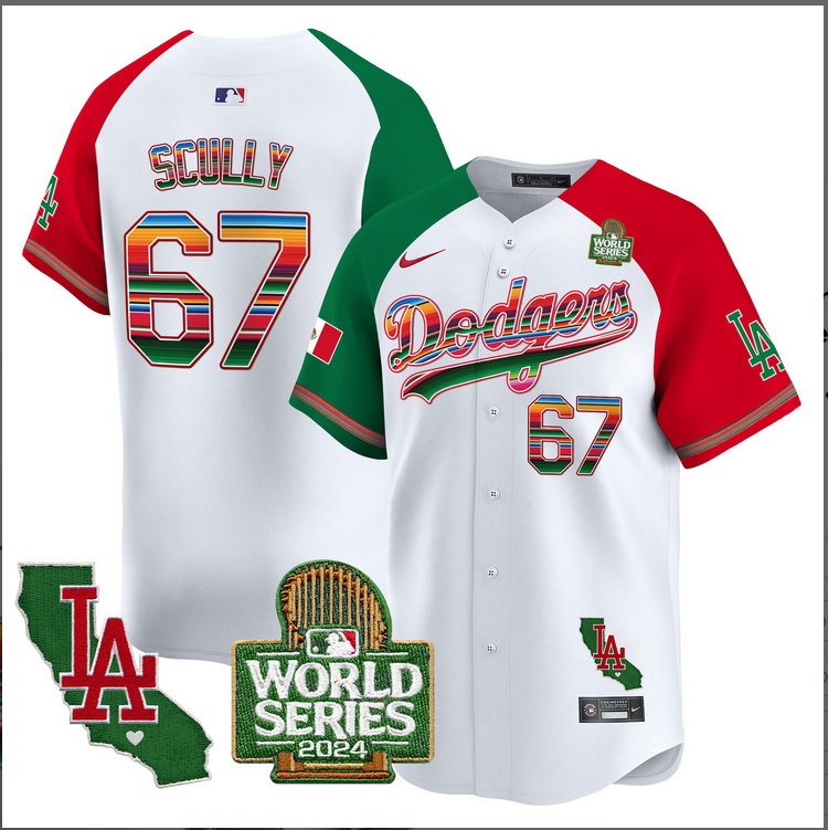 Men MLB Mexico Los Angeles Dodgers 67 Scully white 2024 World Series Champions Patch Jersey 2024110 style 2